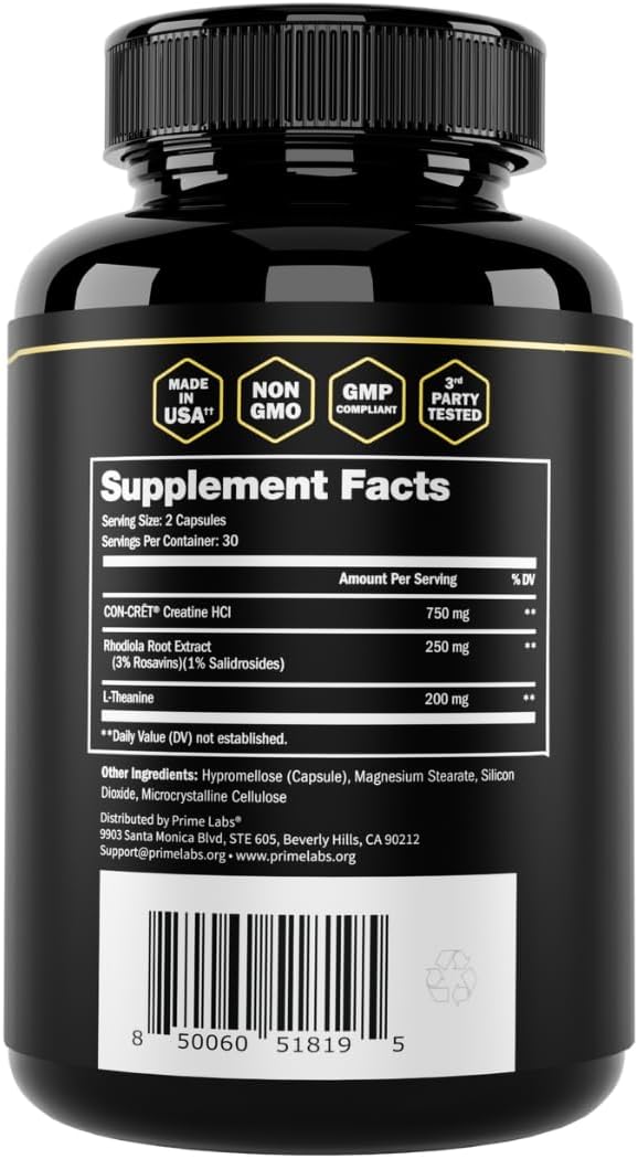 Prime Labs Creatine HCl Capsules - with CON-CRĒT® Rhodiola Root Extract &amp L-Theanine - Muscle Support Endurance Cognitive Function - for Men &amp Women - 60 Pills