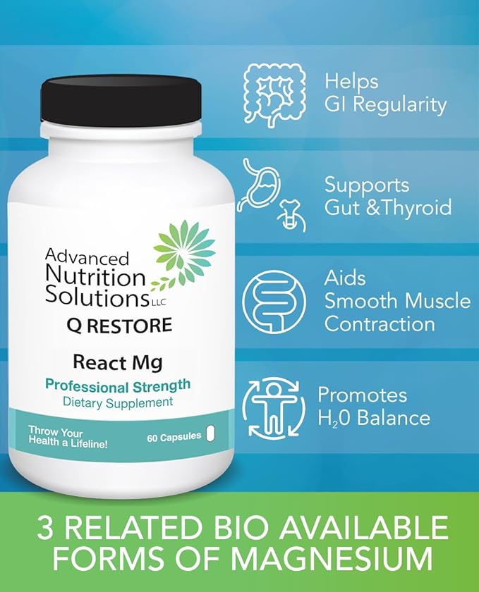 Advanced Nutrition Solutions Q Restore React Mg - 3 chelated bioavailable Forms of Magnesium. Water Balance GI Thyroid 60 caps