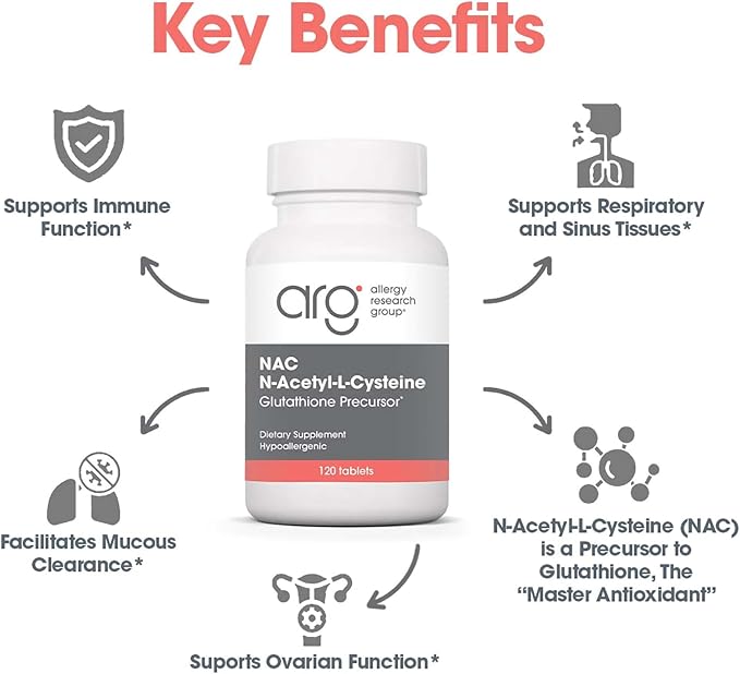 Allergy Research Group NAC Supplement - N-Acetyl-L-Cysteine Glutathione Precursor Supports Immune Function Healthy Mucus Clearance Free Form Amino Acid Hypoallergenic - 120 Count