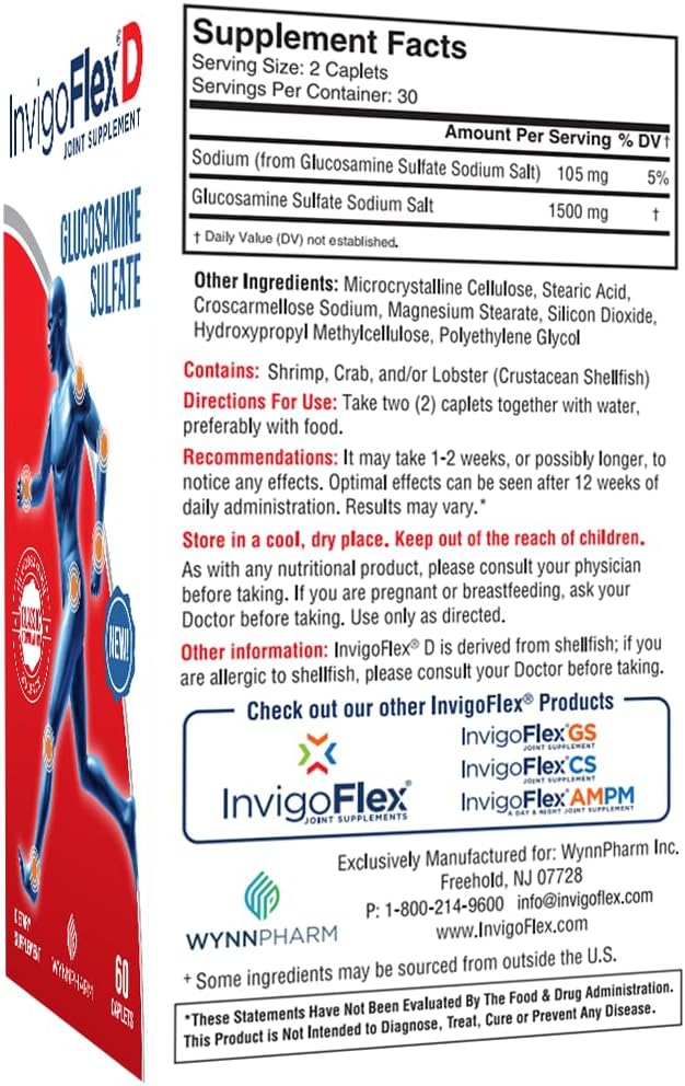 INVIGOFLEX® D - 1500mg of Glucosamine Sulfate (Classic Formulation) - Premium Joint Supplement for Knees Hands Back &amp Hip Support D: Glucosamine Sulfate Caplets - 60 Ct (Pack of 2)