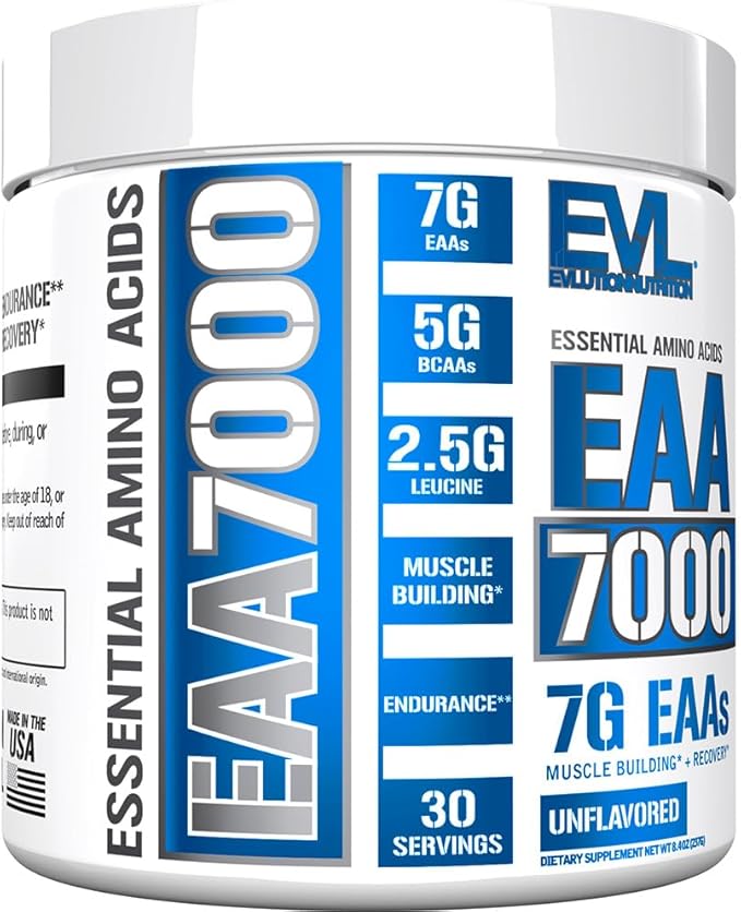 Evlution EAAs Amino Acids Powder - EAA Essential Amino Acids Pre &amp Post Workout Powder for Muscle Building Endurance and Recovery Support with 7g per Serving Plus 5g BCAAs (Unflavored 30 Servings