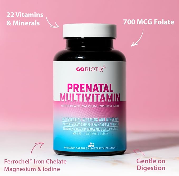 GOBIOTIX Prenatal Vitamins for Women - Multivitamins with Iron Calcium Vitamin D2 C Zinc &amp Folic Acid for Pregnancy - Pre and Postpartum Essentials - Non-GMO - 90 Capsules