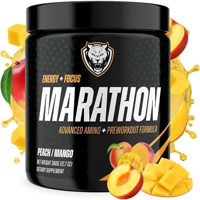 6AM Run Marathon | Running Supplements for Endurance &amp Stamina | Amino Energy with BCAAs for a Clean Pre Running Fuel | No Jitters | Marathon Essentials | Peach Mango | 40 Servings