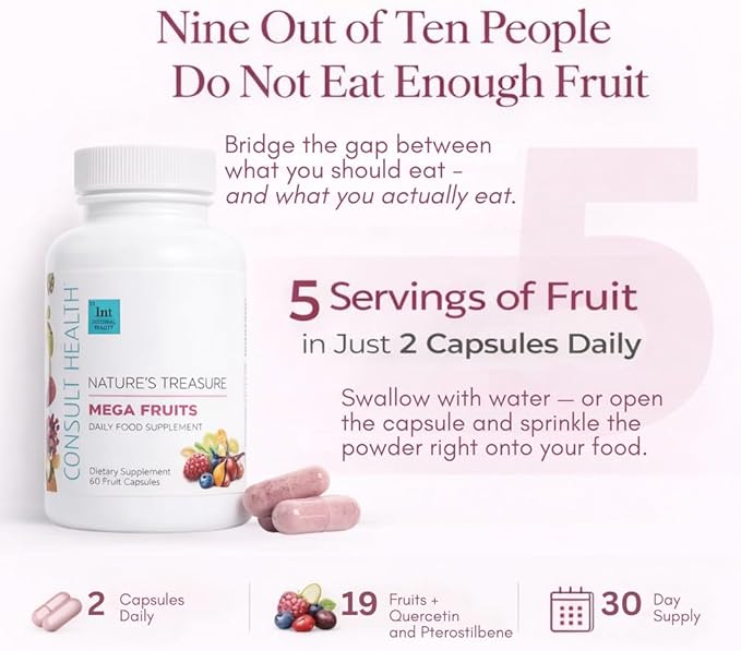 Consult Health Nature's Treasure 60 Mega Fruit and 60 Veggie Capsules100% Whole Natural Green and Red Superfood Plant Based Nutrition Supports Energy Levels Grown and Made in the USA - (2Pack)