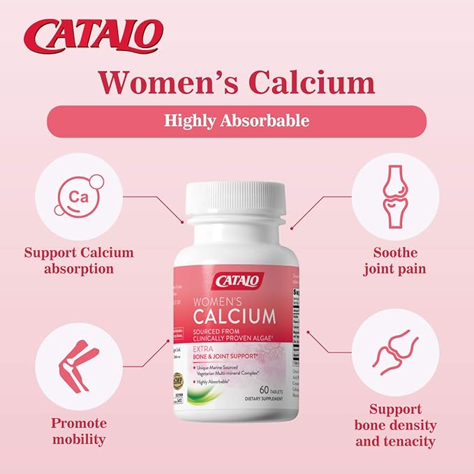 CATALO Women's Calcium with Aquamin™ Red Algae - Plant-Based Marine Calcium Supplement with Vitamin D3 Magnesium &amp Zinc - High Absorption Formula - 60 Tablets