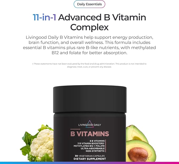 Livingood Daily Vitamin B Complex Capsules for Men and Women Methylated B12 &amp Folate 11 Active Forms Including B1 B2 B3 B5 B6 &amp Biotin Gluten Free Vegan B Vitamins for Hair Skin Nails 30