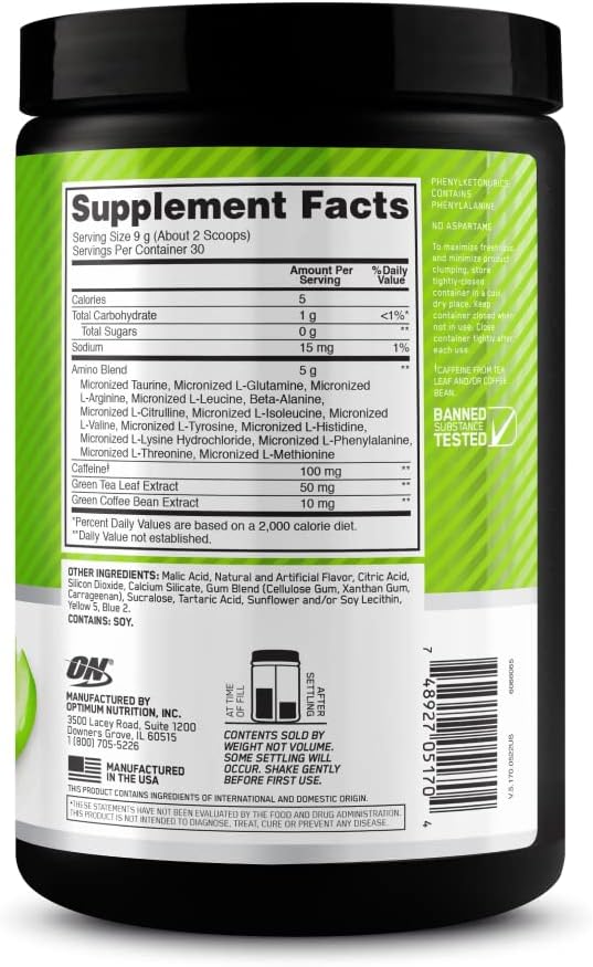 Optimum Nutrition Amino Energy - Pre Workout with Green Tea BCAA Amino Acids Keto Friendly Green Coffee Extract Energy Powder - Green Apple 30 Servings (Packaging May Vary)