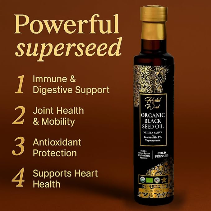 Herbal Wind Black Seed Oil: Cold Pressed USDA Organic Black Seed Oil Liquid - Turkish Nigella Sativa Black Cumin Seed Oil with Min. 2% Thymoquinone for Immune Support Joint Health and More - 8 Fl Oz
