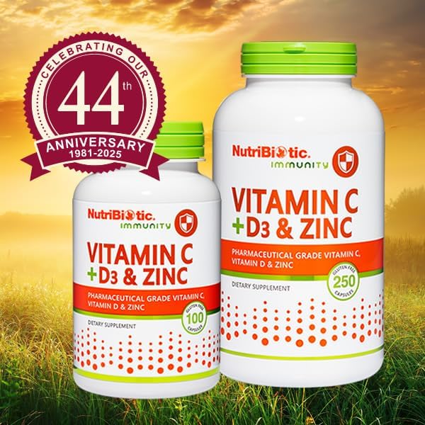 NutriBiotic – Vitamin C + Vitamin D3 &amp Zinc 100 Capsules | Potent Comprehensive Immune Support | Essential &amp Antioxidant Daily Supplement | Gluten &amp GMO Free (Pack of 2)