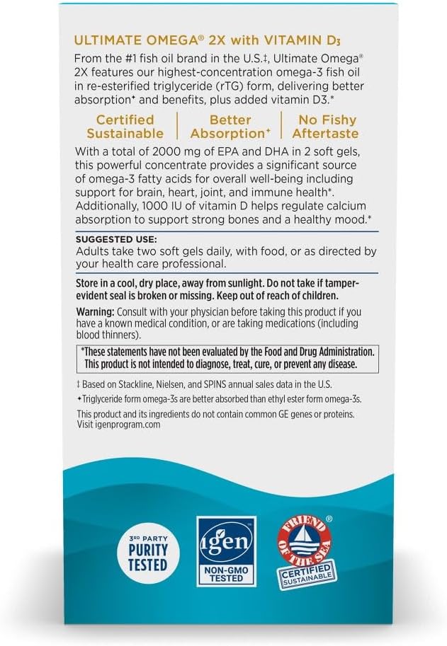 Nordic Naturals Ultimate Omega 2X with Vitamin D3 Lemon Flavor - 60 Soft Gels - 2150 mg Omega-3 + 1000 IU D3 - EPA &amp DHA - Brain Heart &amp Immune Health - 30 Servings