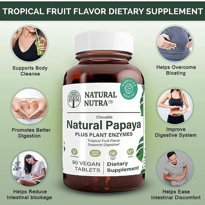 Natural Nutra Papaya Chewable Enzymes for Digestion and Body Cleanse - Supports Digestive Health Ease Gastrointestinal Discomfort - Nutrient Absorption and Reduces Bloating - 90 Vegan Tablets
