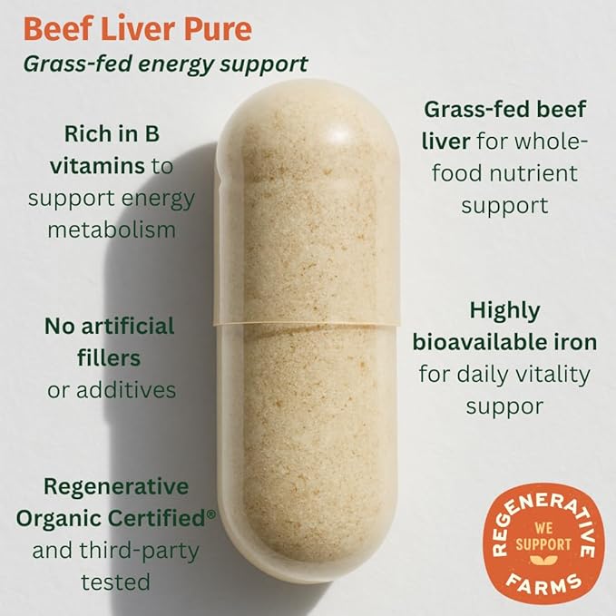 Beef Liver Pure – Regenerative Organic Certified Grass-Fed Liver Supplement – Natural Source of Iron Vitamin A &amp B12 – Supports Energy Metabolism &amp Vitality – 180 Capsules