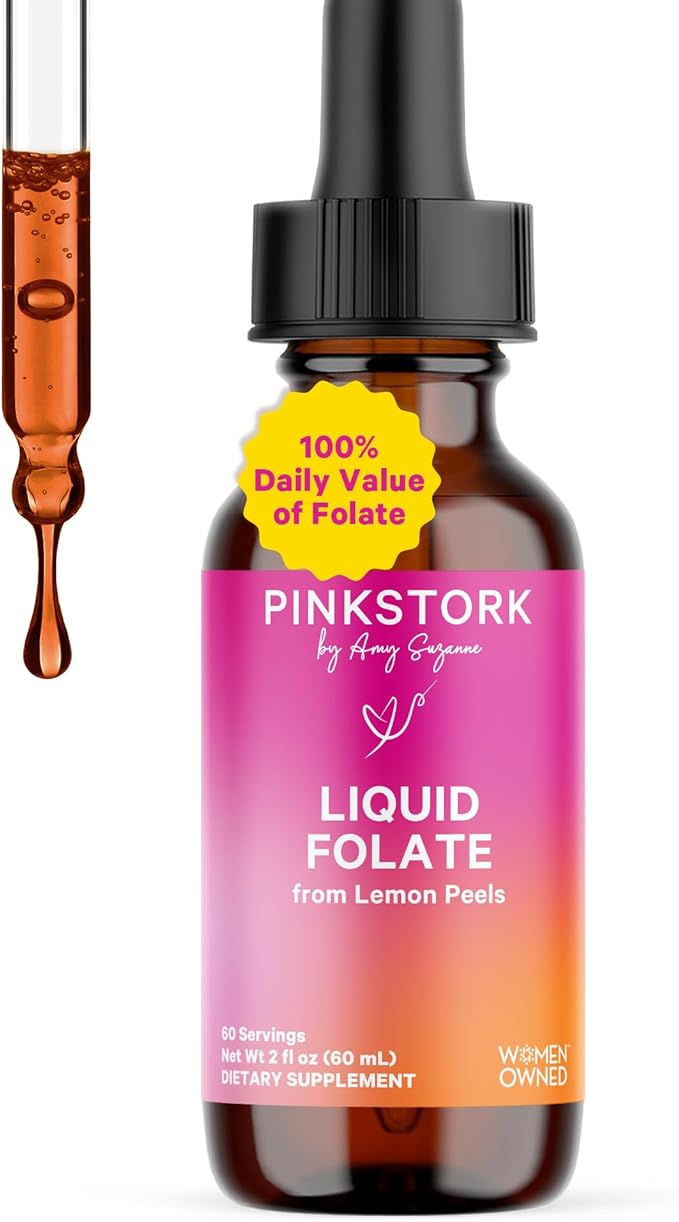 Pink Stork Liquid Folate Drops – 5-MTHF Methylfolate B9 Vitamin | Liquid Folic Acid Alternative for Women | Prenatal Folate Non-GMO Vegan Sublingual Methylfolate Supplement | 2 fl oz