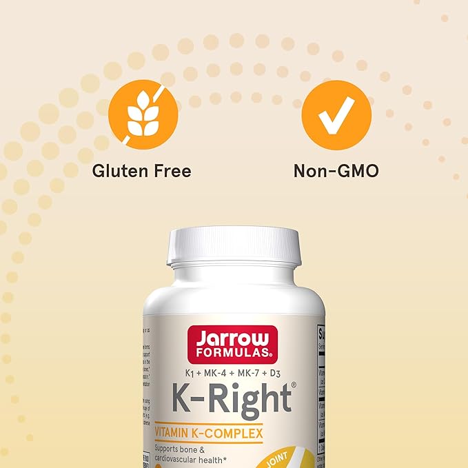 Jarrow Formulas K-Right - Vitamin K-Complex (K1 MK-4 MK-7 D3) - 60 Servings (Softgels) - Dietary Supplement for Bone &amp Cardiovascular Health Support - Vitamin K2 MK-7 - Gluten Free