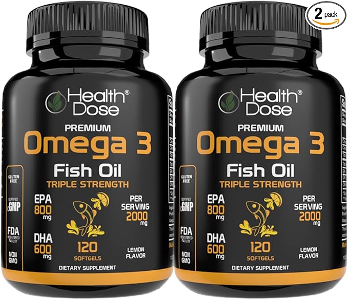 Health Dose Omega 3 Fish Oil – Lemon-Flavored Softgels with EPA &amp DHA for Brain Heart and Wellness Support – Easy-to-Digest No Fish Burps – 120 Softgels Pack of 2