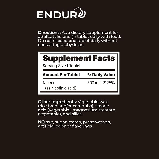 ENDUR-ACIN - Niacin B3 - ER (Extended Release) 500 mg - Nicotinic Acid - Healthy Heart &amp Cholesterol Balance Supplement - Low-Flush High-Potency Niacin with 4–8 HR Timed-Release Matrix - 200 Table