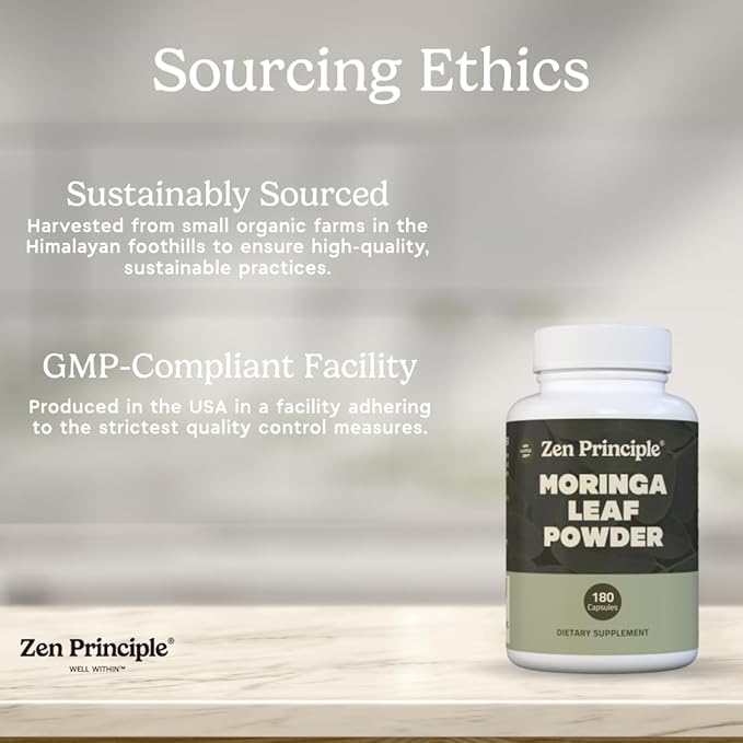 Zen Principle Organic Moringa Oleifera. Ultra-Premium. Provides an All Natural Energy Boost and Multi-Vitamin. A Raw Superfood Vegan No GMO and Gluten Free. 360 Capsules.