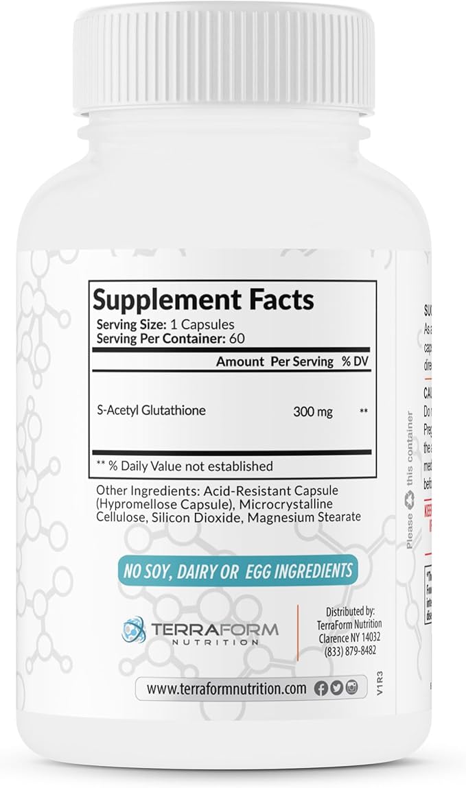 TerraForm Nutrition Extra Strength S-Acetyl Glutathione 300mg – 60 Acid-Resistant Capsules - Premium Glutathione Supplement - Highly Bioavailable &amp Stable Form SAG Supplement – Made in USA