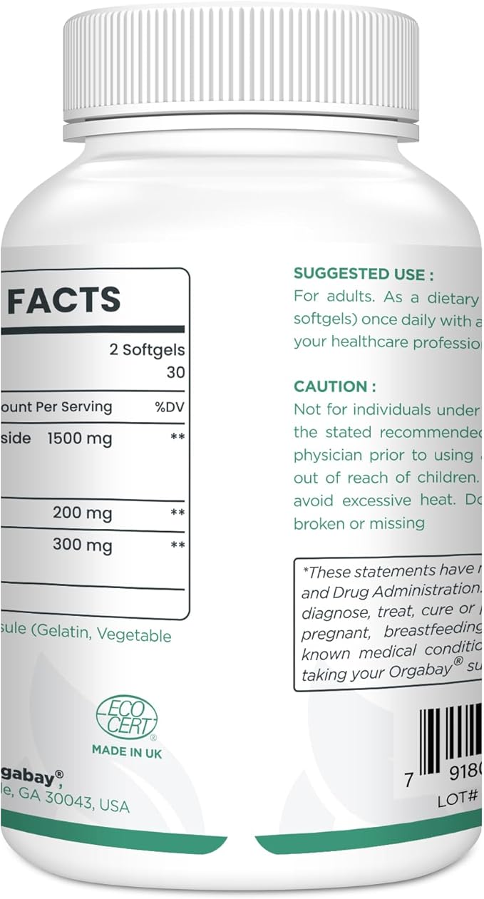 Orgabay Liposomal Nicotinamide Riboside 2000 MG with TMG and Pterostilbene Similar to NMN Supplements Boost NAD+ Metabolism Booster Support Healthy Aging60 Count