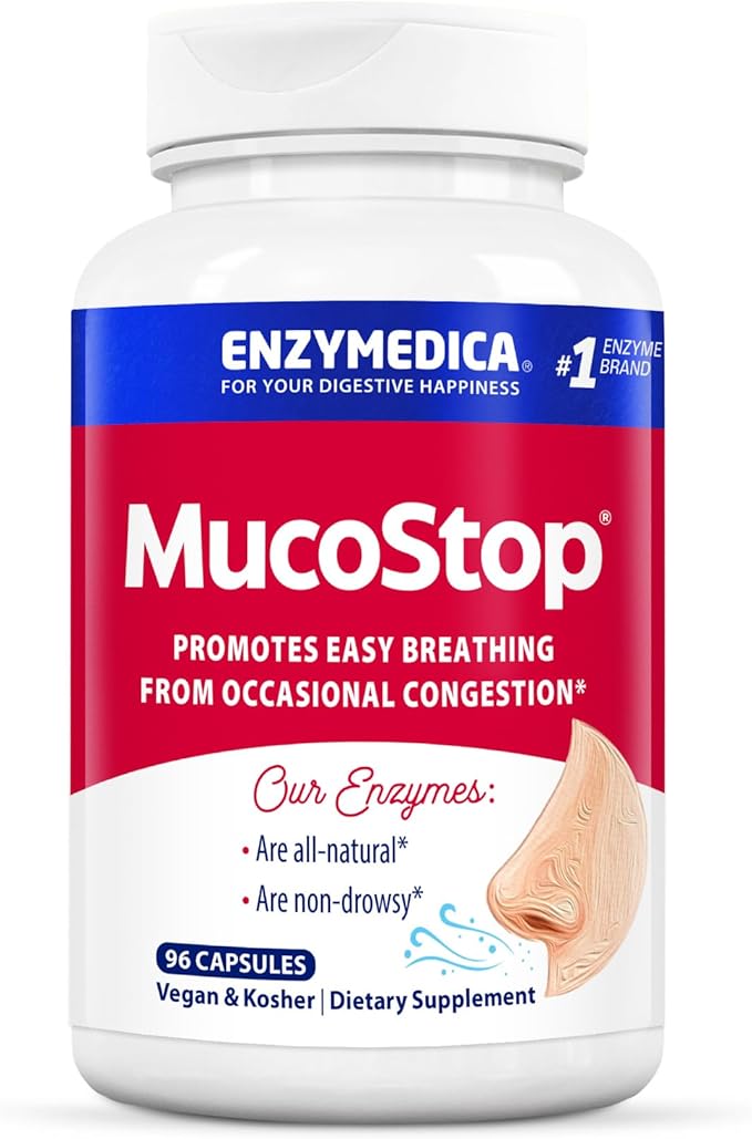 Enzymedica MucoStop Natural Enzyme Supplement Relieves Seasonal or Occasional Congestion Supports Easy Breathing 96 Count