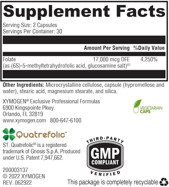 XYMOGEN 5-MTHF ES - Supports Cardiovascular Neurological &amp Prenatal Health - 17000 mcg of Bioactive Folate - Highly Absorbable - Vegan Gluten-Free &amp Non-GMO - 60 Capsules