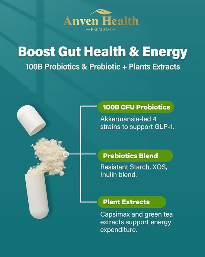 GLP-1 Supplement 100 Billion Akkermansia Probiotic &amp Prebiotic for Gut Health &amp Digestion Metabolism &amp Energy Support with Vitamin B2 &amp D Green Tea and Chromium - Non-GMO | 180 Capsu