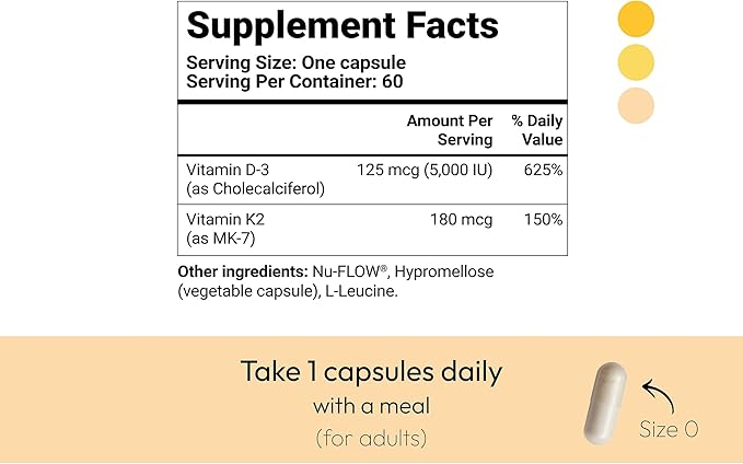 Vitamin D3 K2 5000 IU with MK7 (180 mcg) | Natural Supplement for Bone Strength Heart Health and Immune Support | Vegan Capsule | 60 Servings