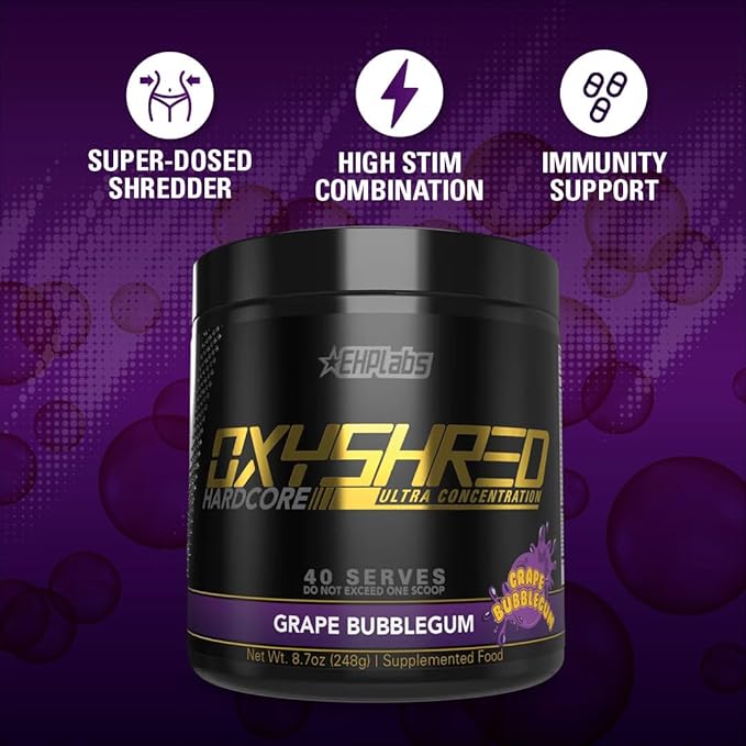 EHP Labs OxyShred Hardcore Super Dosed Pre Workout Powder - Preworkout Powder with L Glutamine &amp Acetyl L Carnitine Energy Boost Drink - 275mg of Caffeine - Grape Bubblegum 40 Servings