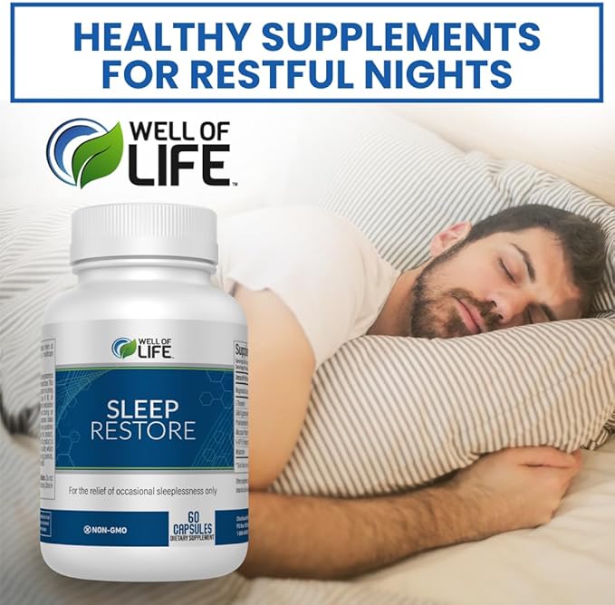 Well of Life Sleep Restore Supplement with Melatonin &amp Magnesium – Tranquil Sleep Support with L-Theanine GABA 5-HTP | Supports Relaxation &amp Calm Night Routine | 60 Vegan Capsules