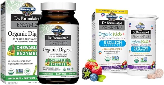 Garden of Life Dr Formulated Digestive Enzymes with Papain Bromelain &amp Dr. Formulated Probiotics Organic Kids+ Plus Vitamin C &amp D - Berry Cherry
