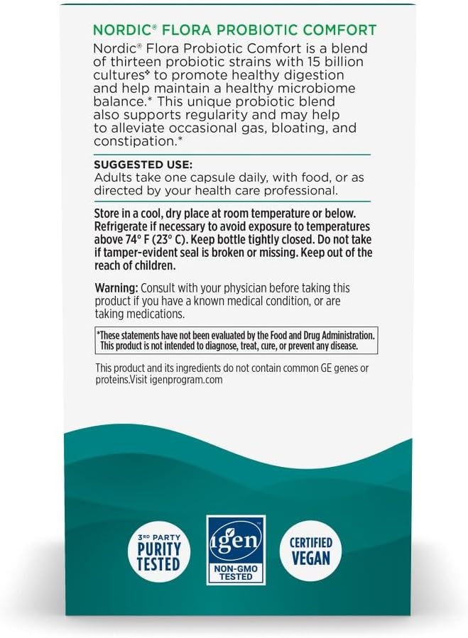 Nordic Naturals Nordic Flora Probiotic Comfort - 30 Capsules - 13 Probiotic Strains w/ 15 Billion Cultures - Supports Regularity &amp Digestive Comfort Alleviates Bloating - Non-GMO Vegan - 30 Serv