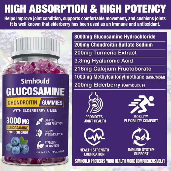 Simhould 2 Packs Glucosamine Chondroitin Gummies - 3000MG Extra Strength Joint Support Supplement with MSM &amp Elderberry Flexibility Antioxidant Immune Support Gummy for Adults Men &amp Women
