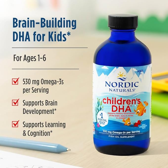 Nordic Naturals Children’s DHA Strawberry - 8 oz for Kids - 530 mg Omega-3 with EPA &amp DHA - Brain Development &amp Function - Non-GMO - 96 Servings