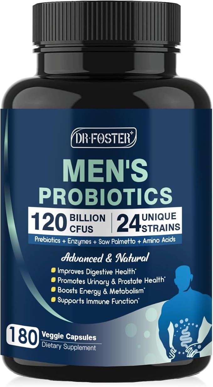 DRFOSTER Probiotics for Men Digestive Health 120 Billion CFUs Mens Probiotic with Enzymes &amp Prebiotics &amp Saw Palmetto &amp Cranberry for Gut Prostate &amp Urinary Tract Health Shelf Stabl