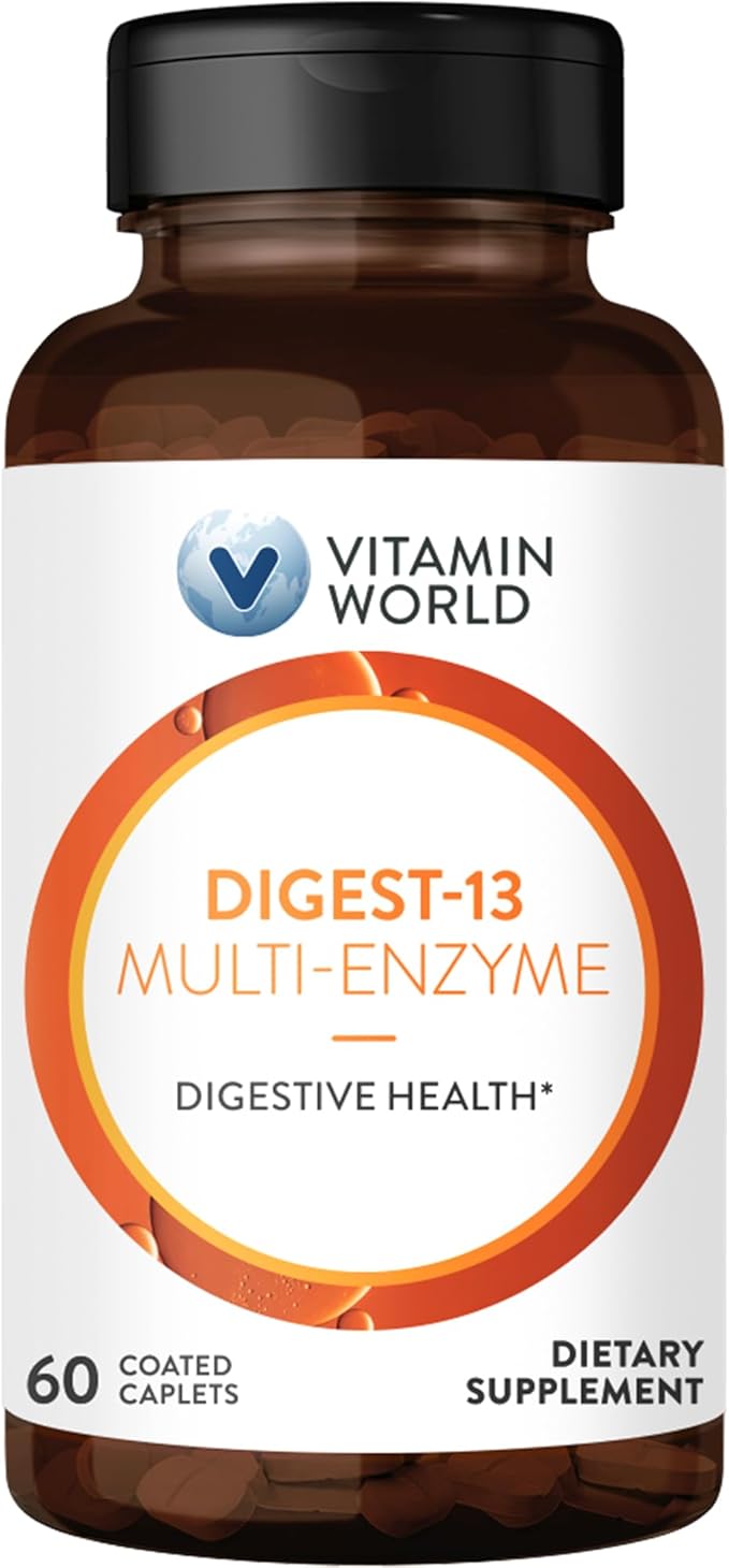 Vitamin World Digest-13 Multi-Enzyme 1010mg Digestive Enzymes Blend with Amylase Bromelain Papain &amp Lipase for Digestion and Absorption Digestive Enzymes for Bloating &amp Gas 60 Caplets