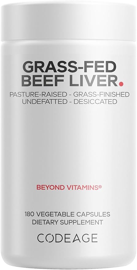Codeage Grass Fed Beef Liver Supplement Superfood Freeze Dried Non-Defatted Desiccated Glandulars Bovine Pills Pasture Raised Beef Vitamins Non-GMO Liver Meat 180 Capsules