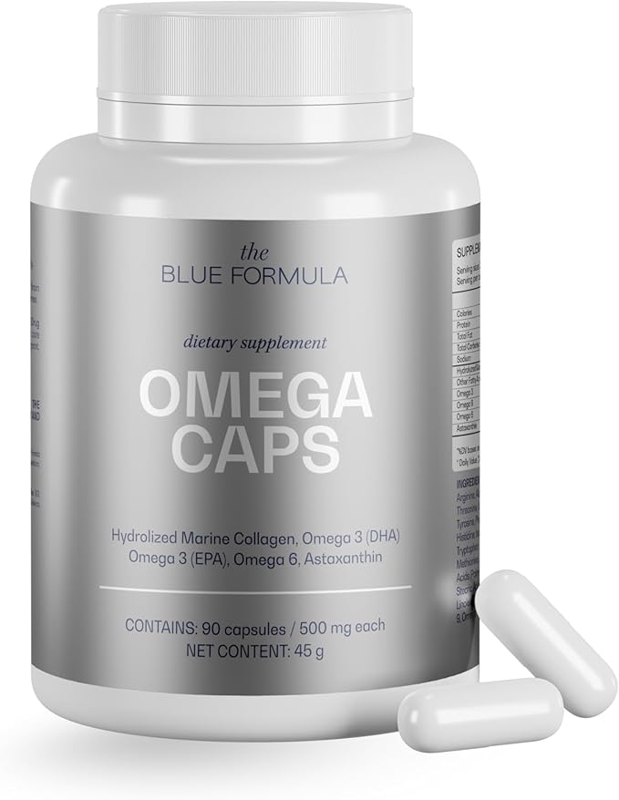 Omega 3-6-9 Capsules with Hydrolyzed Marine Collagen + Astaxanthin - Fish Oil with DHA &amp EPA - Unflavored No Fishy Aftertaste - 90 Capsules (500 mg)