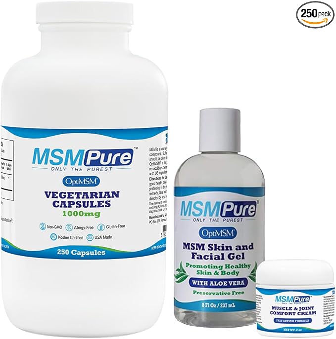 KALA HEALTH MSMPure Starter Bundle with MSM Capsules 250 Count MSM Muscle &amp Joint Cream 2oz and MSM Gel with Organic Aloe 8oz