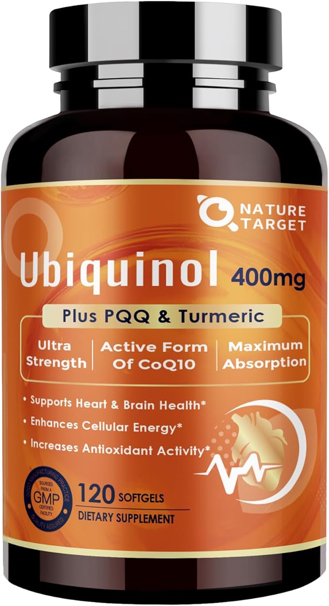 NATURE TARGET Ubiquinol CoQ10 400mg softgels with PQQ &amp Turmeric High Absorption Coenzyme Q10 Supplement with ALA &amp Black Pepper Antioxidant for Heart &amp Brain Health Energy Production
