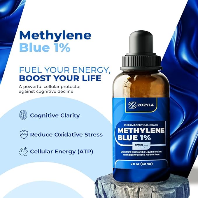 Methylene Blue 1% - Enhanced Liquid Solution for Increased Absorption - Pharmaceutical Grade 99.99% USP Grade No Formaldehyde No Alcohol No Gluten (2 Oz)