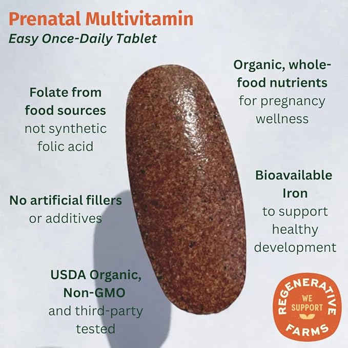Prenatal Once Daily Multivitamin for Women for Conception Pregnancy Postpartum &amp Breastfeeding Folate Iron &amp Organic Whole Food Blend Vegan 30 Count
