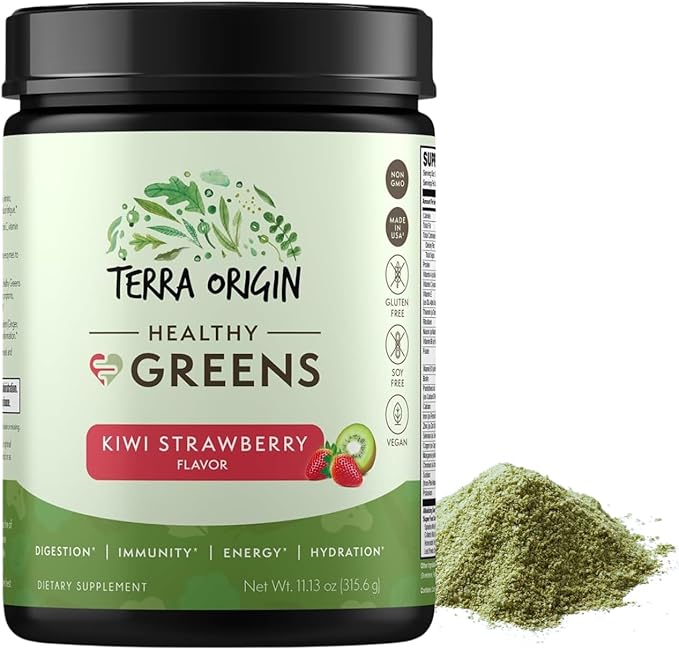 TERRA ORIGIN Healthy Greens Powder Blend | Superfoods Probiotics Enzymes Spirulina | for Immune &amp Digestive Gut Health Support | Energy &amp Wellness Boost | 30 Servings (Kiwi Strawberry)