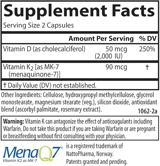 Carlson - Vitamin D3 + K2 50 mcg (2000 IU) Vitamin D3 &amp 90 mcg Vitamin K2 as MK7 Bone Support Calcium Absorption 120 Capsules