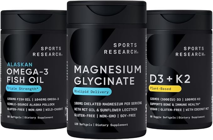 Sports Research® Multivitamins Pack - Triple Strength Omega-3 Fish Oil 1250 + 160 mg Chelated Magnesium Glycinate + Vegan Vitamin D 5000iu &amp Mk7 Vitamin K 100mcg