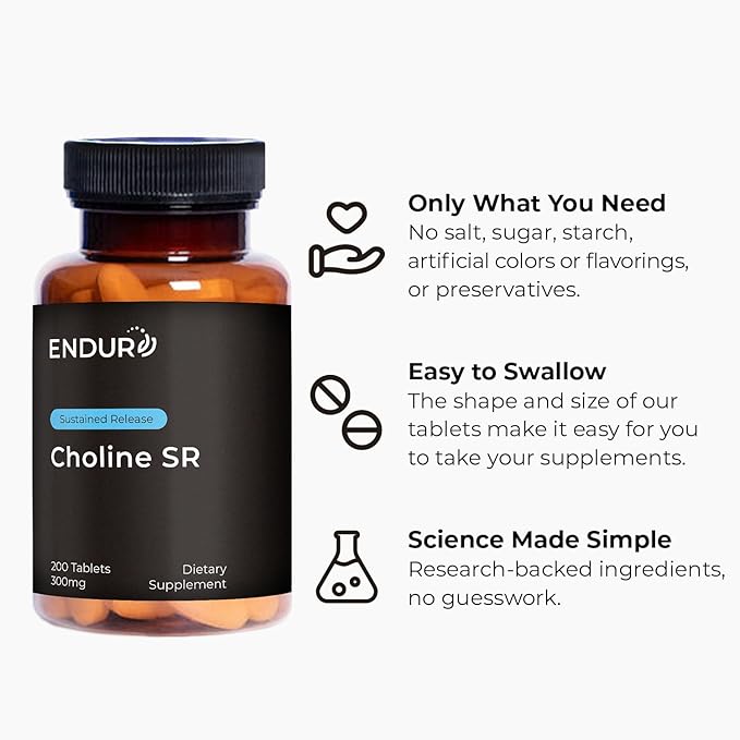 ENDUR - Choline L(+) Bitartrate - SR (Sustained Release) 300 mg - Brain Liver Cellular &amp Fetal Development - Pregnancy Support - Optimal 6–8 Hour Absorption Delivery - 200 Tablets