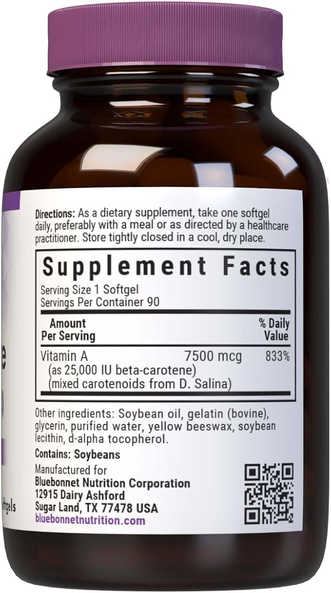 BlueBonnet Mixed Beta-Carotene 25000 IU (7500 mcg) Eye Vitamins - Vitamin A Supplement D. Salina Algae Beta-Carotene Lutein &amp Zeaxanthin for Eye Health &amp Immune Support - Gluten-Free - 90 So