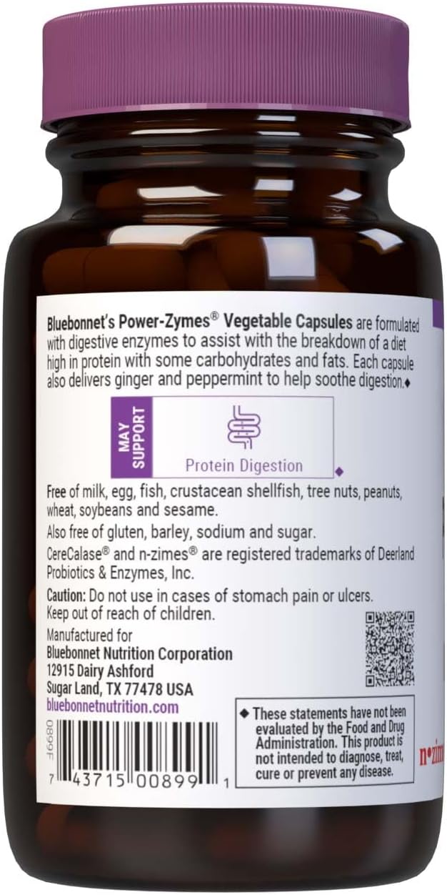Bluebonnet Nutrition Power-Zymes Protein Digestive Support* Soy-Free Gluten-Free Dairy-Free 60 Vegetable Capsules 60 Servings