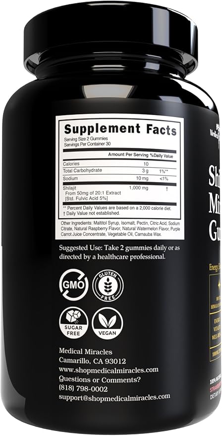 Medical Miracles Shilajit Gummies 1000mg – Himalayan Shilajit Extract with Fulvic Acid – Vegan Sugar-Free Supplement – Trace Mineral Complex – Easy Daily Gummy Format 60 Count