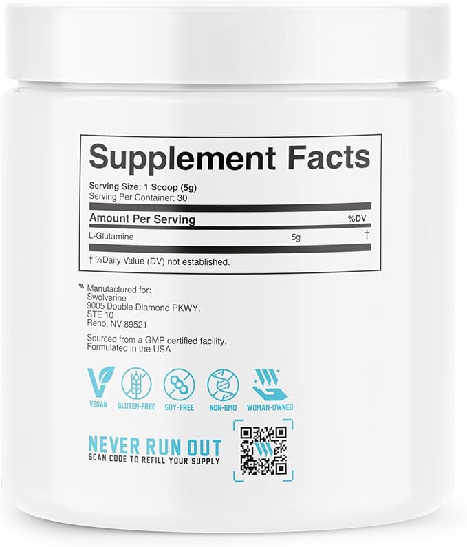 Swolverine L-Glutamine | Reduces Exercise Induced Muscle Soreness Improves Recovery Enhances Gut Health Supports Immune Health Vegan Non-GMO GF 5g Per Serving (30 Servings)