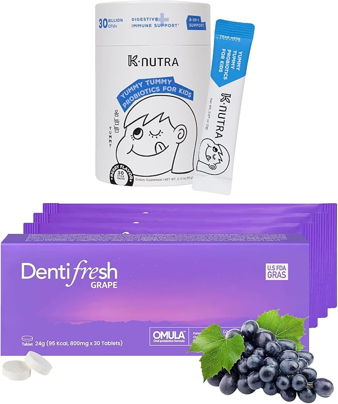 K-Nutra Dentifresh Grape Xylitol Tablets 30 Count + Yummy Tummy Kids Probiotics 30 Sticks Bundle with 4 Billion CFU Oral Care and 30 Billion CFU Digestive Support